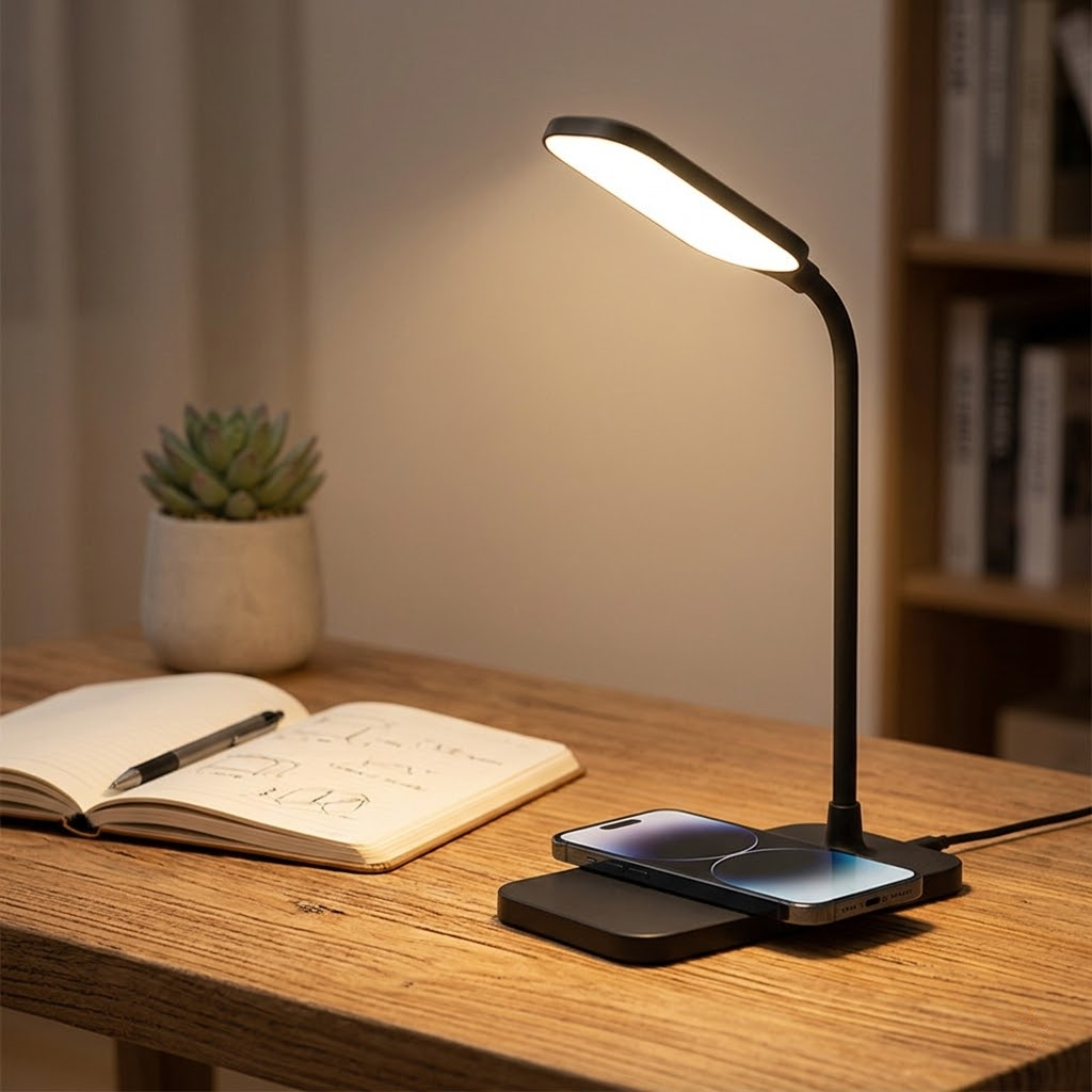 360° Adjustable Eye-Care Desk Lamp with Wireless Charging 15W 3-Color Dimming USB Study Lamp